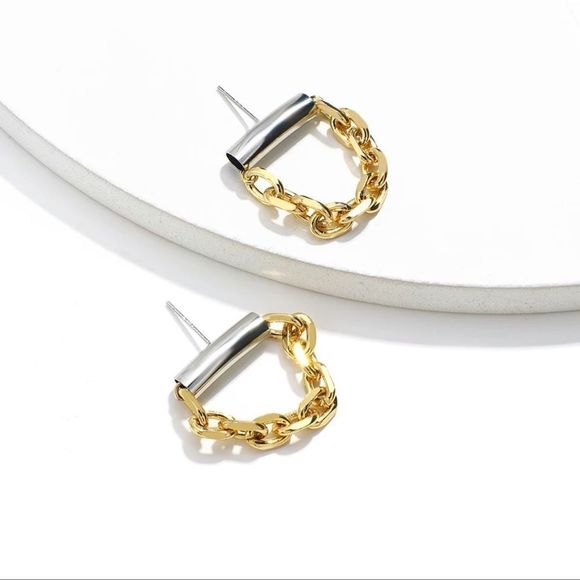 GOLD & SILVER PLATED STAINLESS STEEL GEOMETRIC CHAIN DANGLE DROP INDUSTRIAL EAR - Picture 5 of 14